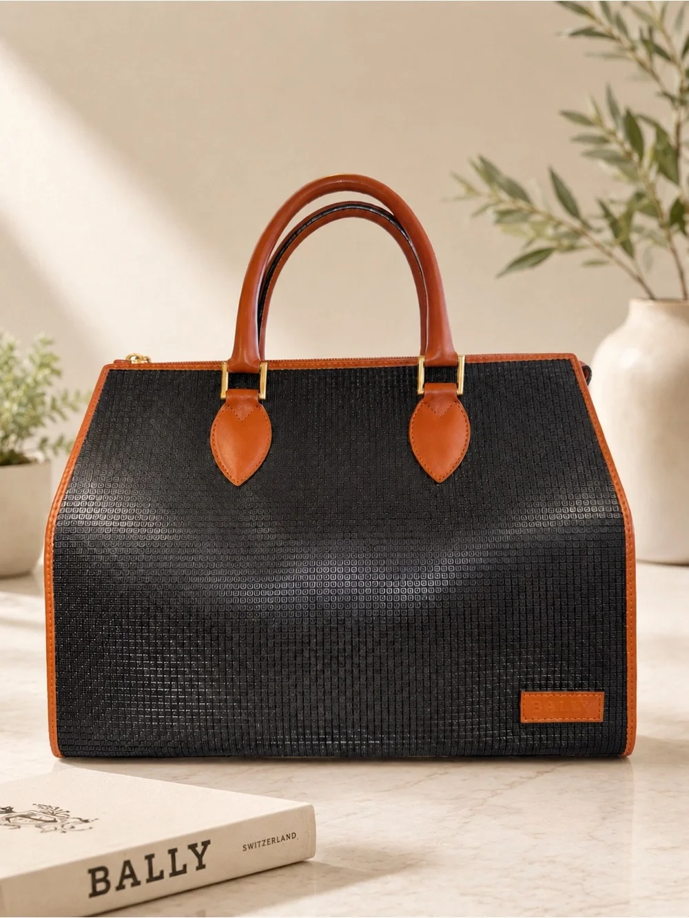 Bally Cognac & Black Structured Satchel Top Handle Bag | Vintage | EUC